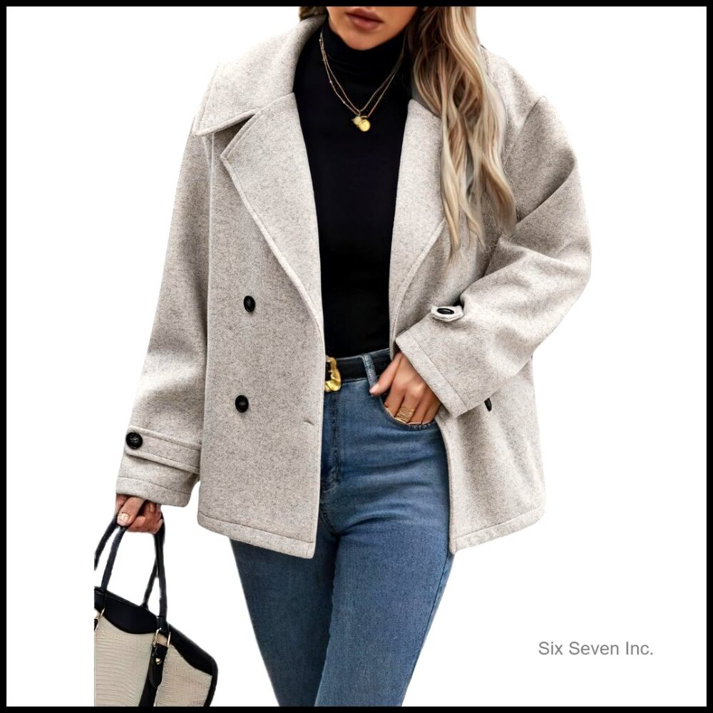 Winter Loose Fit Cropped Wool Coat Double Breasted Dressy Short Blazer Jacket